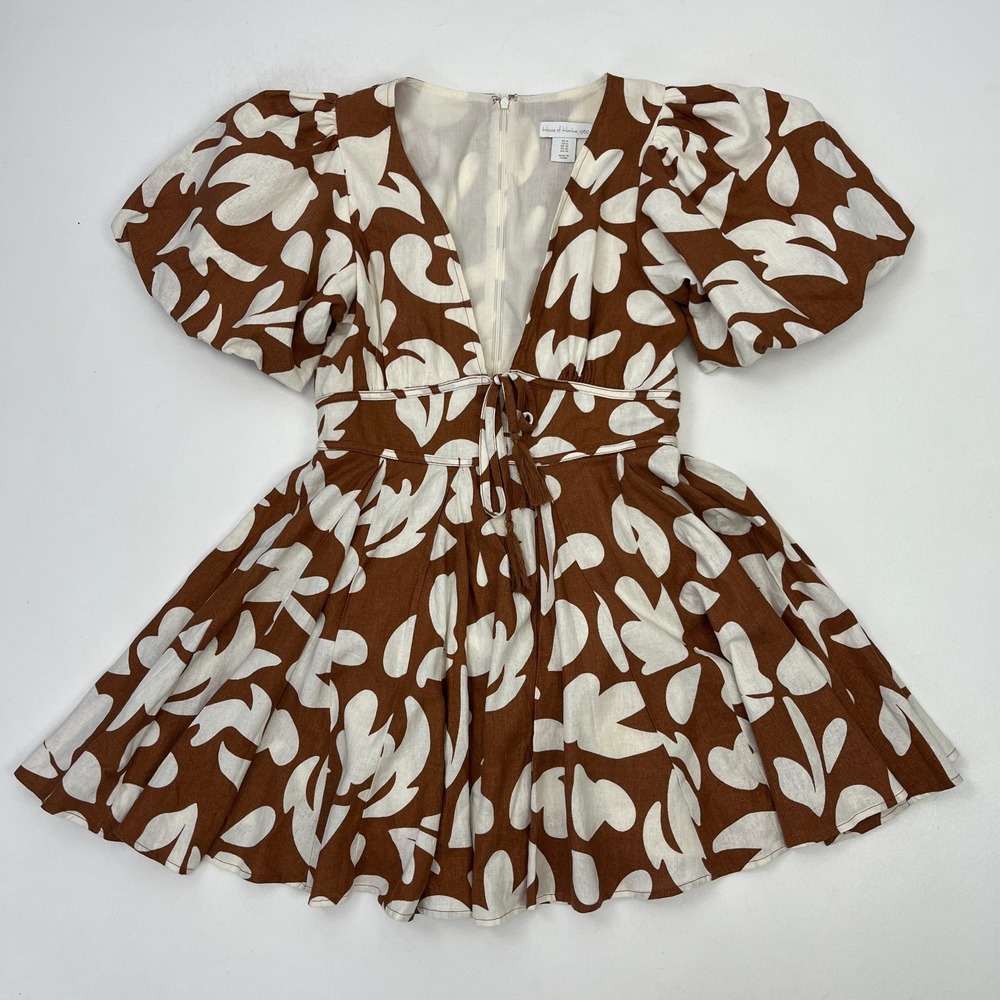 House of Harlow 1960 Mini Dress 6 Floral Brown Ivory Vacation Party Puff Sleeve - Picture 2 of 15